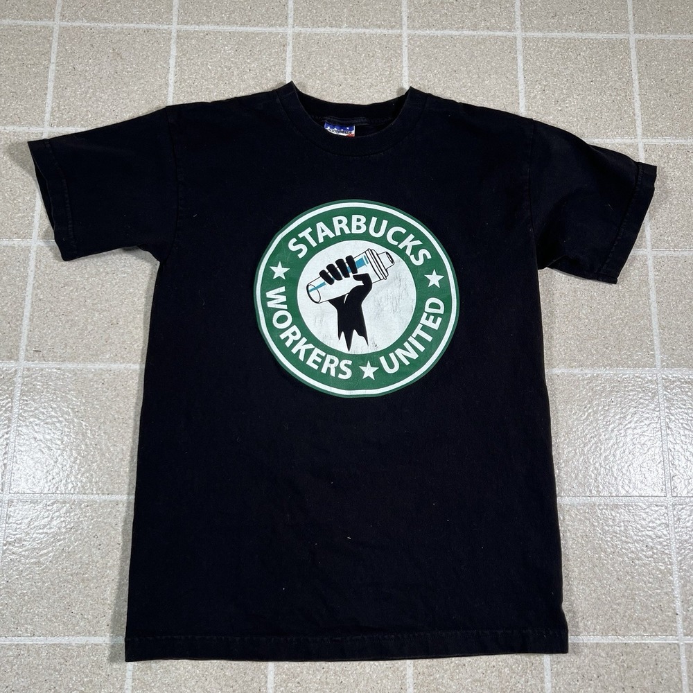 Union Made Starbucks Workers United Logo Graphic Print Black T-Shirt Medium‎ USA
